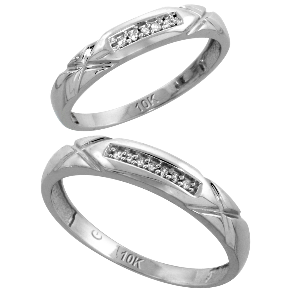 10k White Gold Diamond 2 Piece Wedding Ring Set His 4mm &amp; Hers 3.5mm, Men&#039;s Size 8 to 14