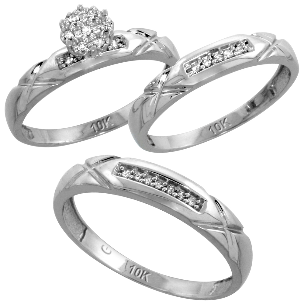 10k White Gold Diamond Trio Engagement Wedding Ring Set for Him and Her 3-piece 4 mm &amp; 3.5 mm wide 0.13 cttw Brilliant Cut, ladies sizes 5 � 10, mens sizes 8 - 14