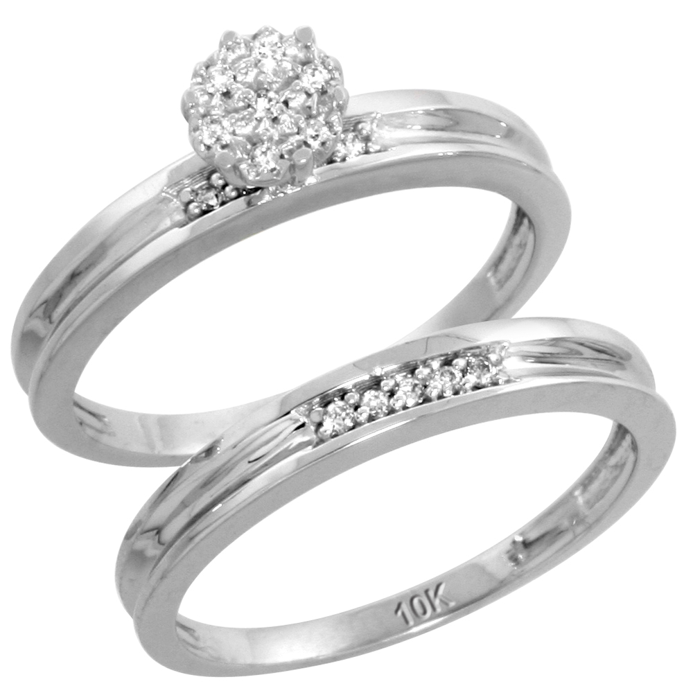 10k White Gold Diamond Trio Wedding Ring Set 3-piece His &amp; Hers 5 &amp; 3 mm 0.11 cttw, sizes 5 14