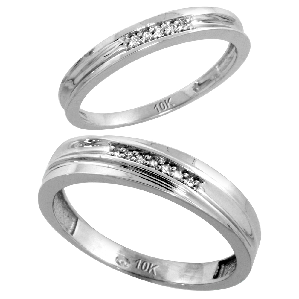 10k White Gold Diamond 2 Piece Wedding Ring Set His 5mm &amp; Hers 3mm, Men&#039;s Size 8 to 14