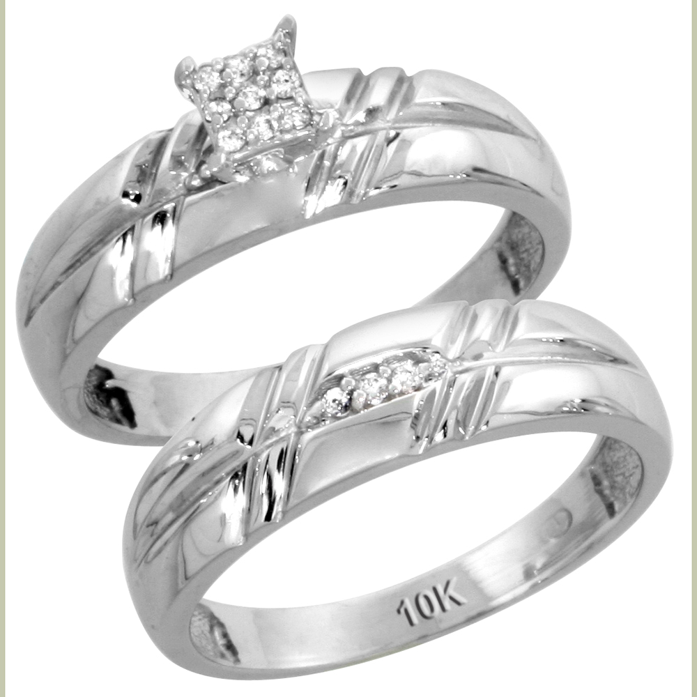 10k White Gold Diamond Trio Wedding Ring Set 3-piece His &amp; Hers 6 &amp; 5.5 mm 0.12 cttw, sizes 5 14