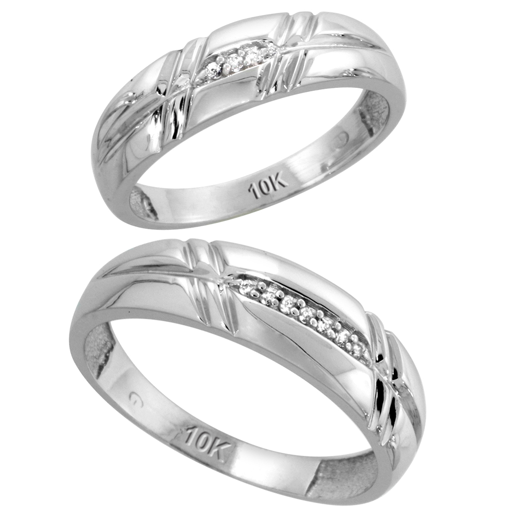 10k White Gold Diamond 2 Piece Wedding Ring Set His 6mm &amp; Hers 5.5mm, Men&#039;s Size 8 to 14