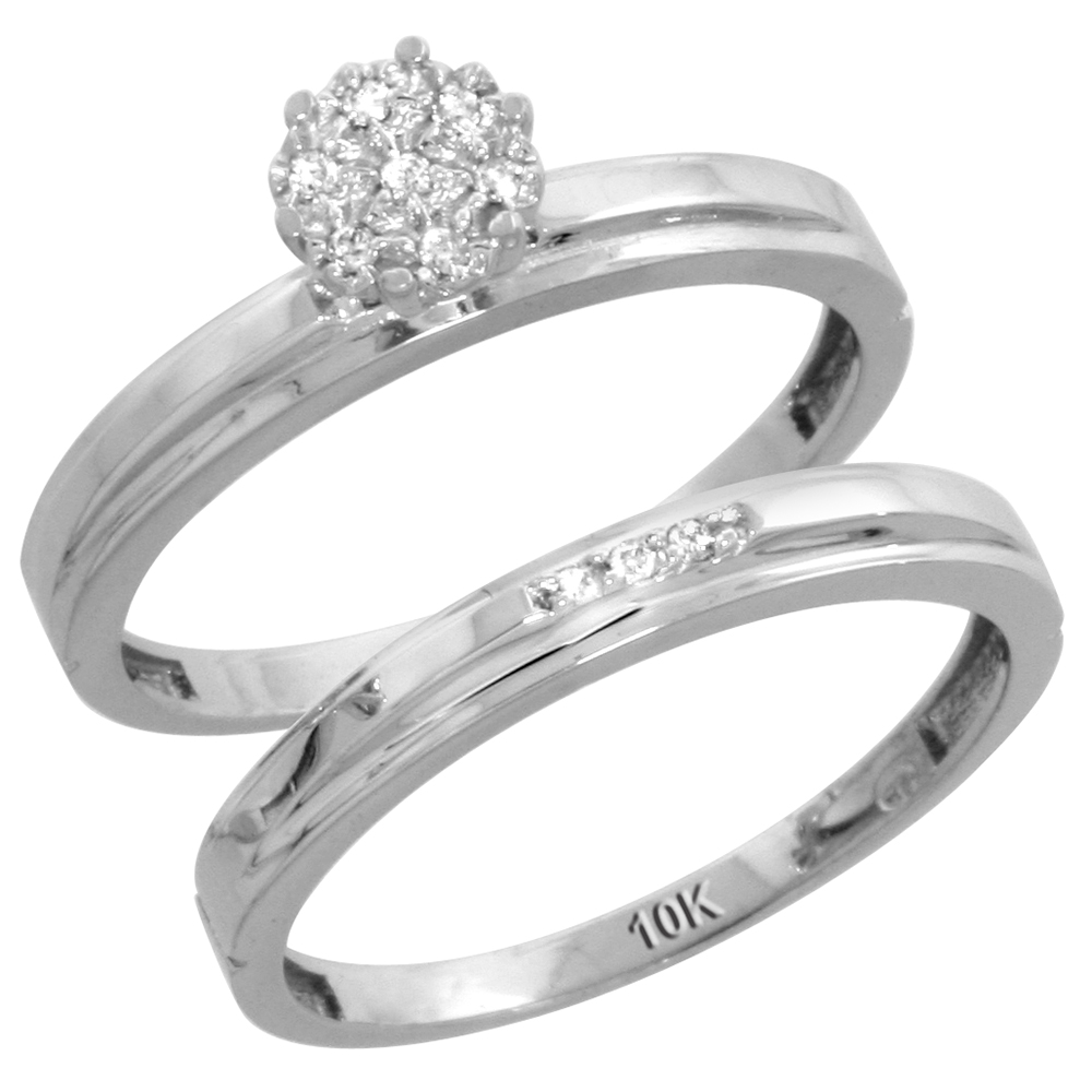 10k White Gold Diamond Engagement Rings Set for Men and Women 2-Piece 0.08 cttw Brilliant Cut, 3mm & 4mm wide