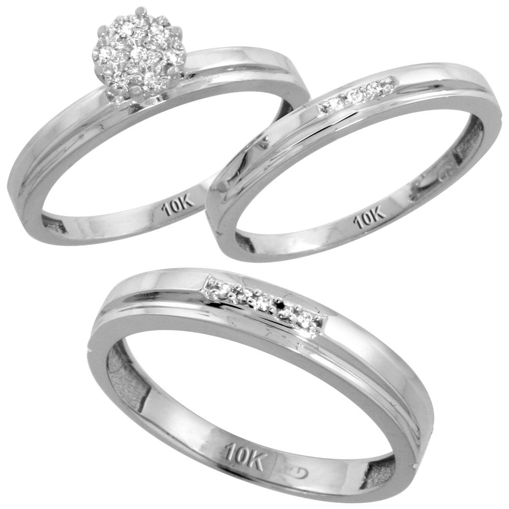 10k White Gold Diamond Trio Engagement Wedding Ring Set for Him 4mm and Her 3 mm 3-piece 0.10 cttw Brilliant Cut, ladies sizes 5 � 10, mens sizes 8 - 14