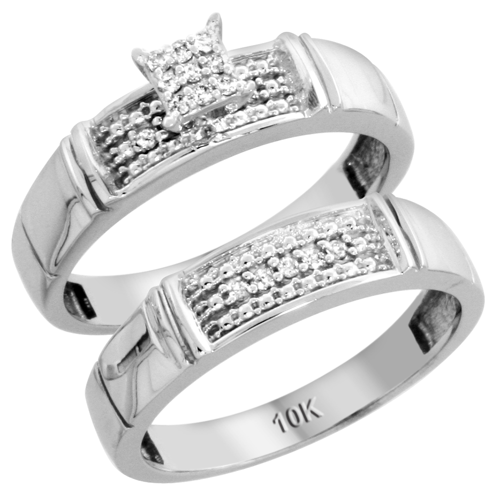 10k White Gold Diamond Trio Wedding Ring Set 3-piece His &amp; Hers 5 &amp; 4.5 mm, 0.13 cttw, sizes 5 14