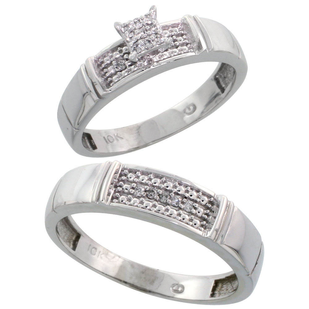 10k White Gold Diamond Engagement Rings Set for Men and Women 2-Piece 0.10 cttw Brilliant Cut, 4.5mm & 5mm wide