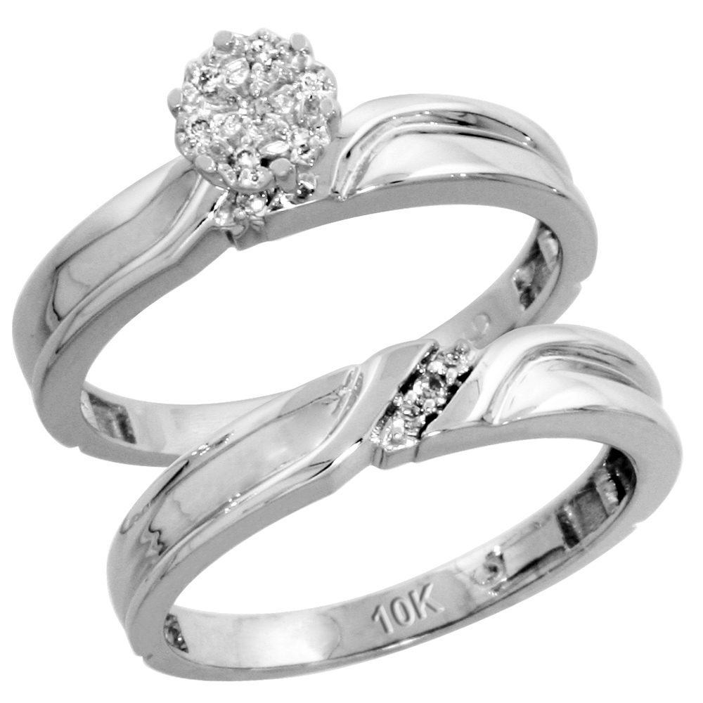 10k White Gold Diamond Trio Wedding Ring Set 3-piece His &amp; Hers 5 &amp; 3.5 mm 0.11 cttw, sizes 5 14