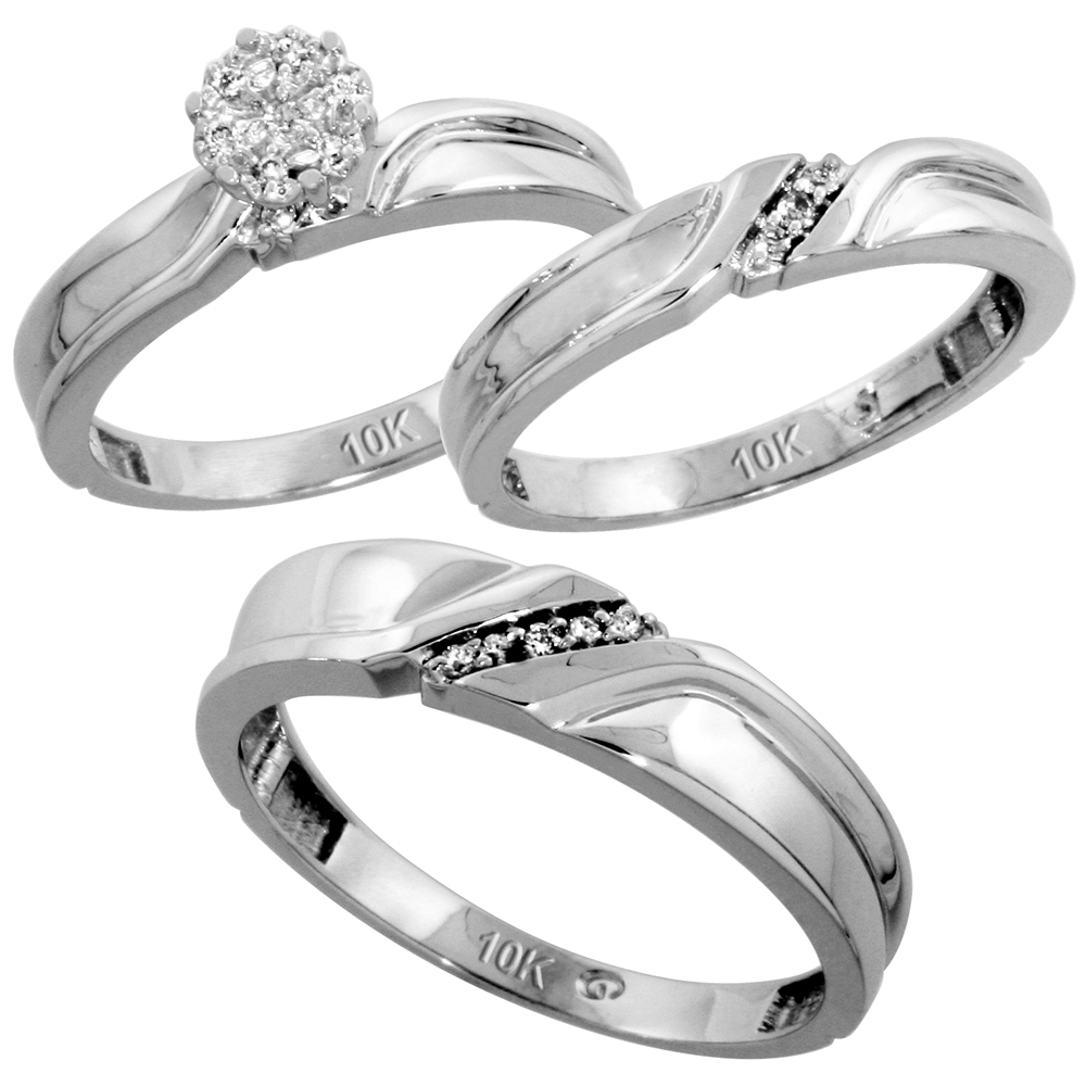 10k White Gold Diamond Trio Engagement Wedding Ring Set for Him and Her 3-piece 5 mm & 3.5 mm wide 0.11 cttw Brilliant Cut, ladies sizes 5 � 10, mens sizes 8 - 14