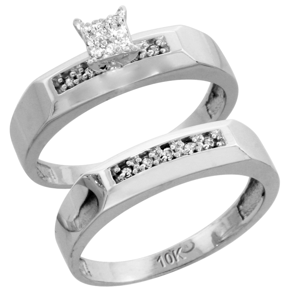 10k White Gold Diamond Trio Wedding Ring Set 3-piece His &amp; Hers 5 &amp; 4.5 mm, 0.14 cttw, sizes 5 14
