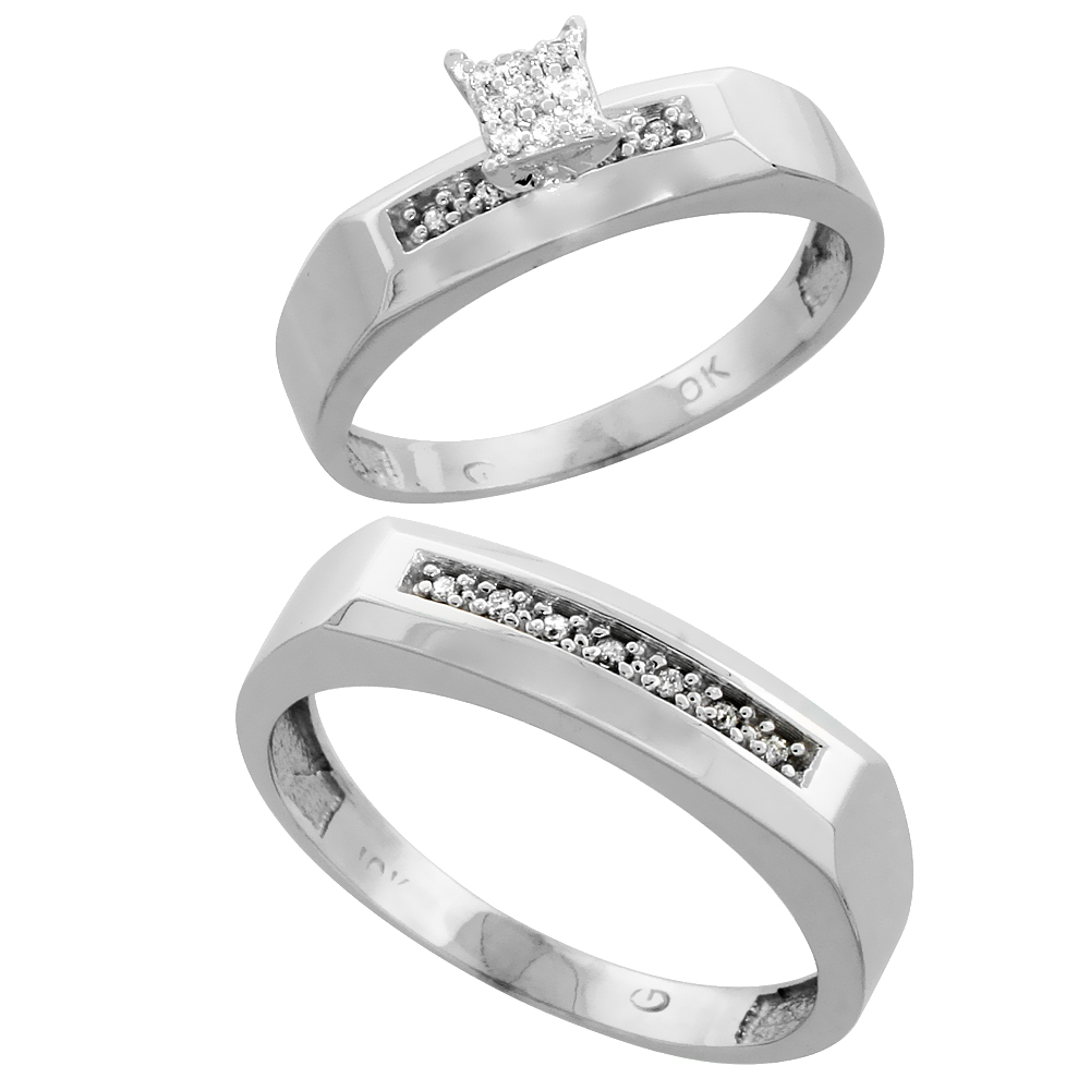 10k White Gold Diamond Engagement Rings Set for Men and Women 2-Piece 0.11 cttw Brilliant Cut, 4.5mm &amp; 5mm wide