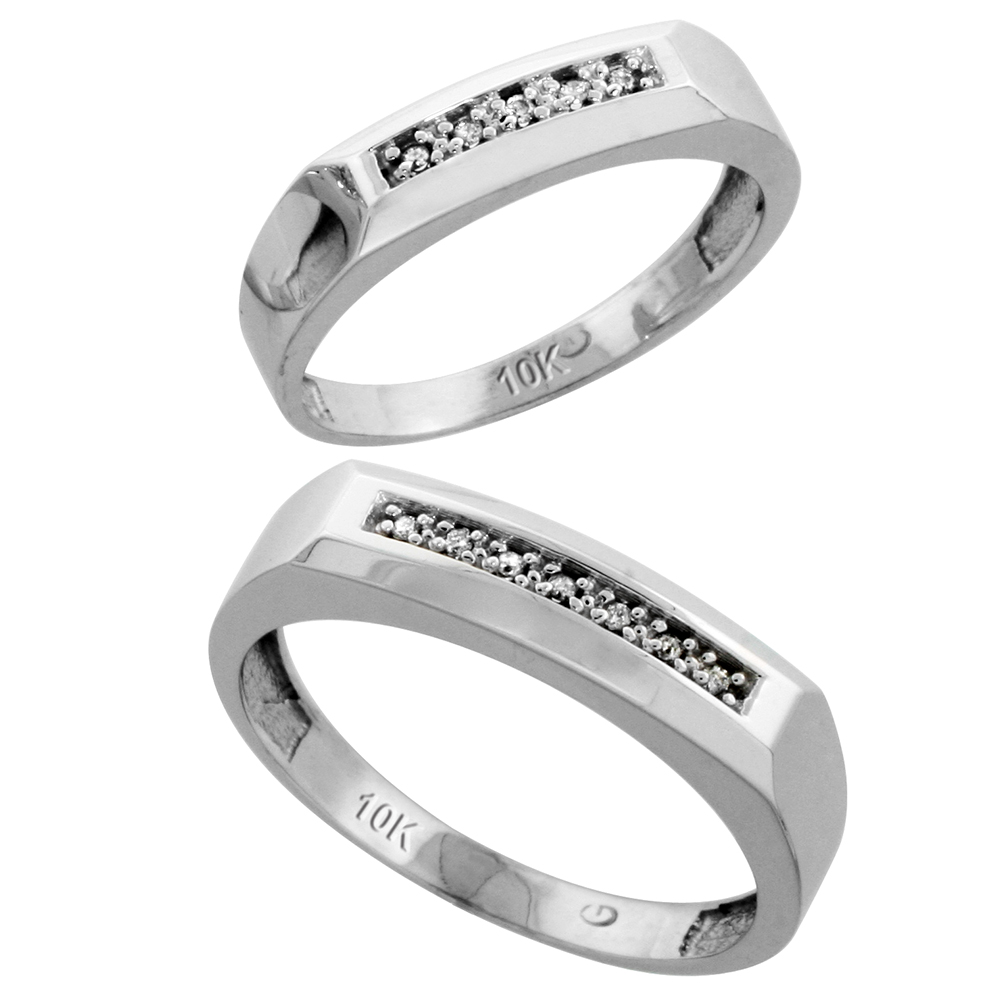 10k White Gold Diamond 2 Piece Wedding Ring Set His 5mm &amp; Hers 4.5mm, Men&#039;s Size 8 to 14