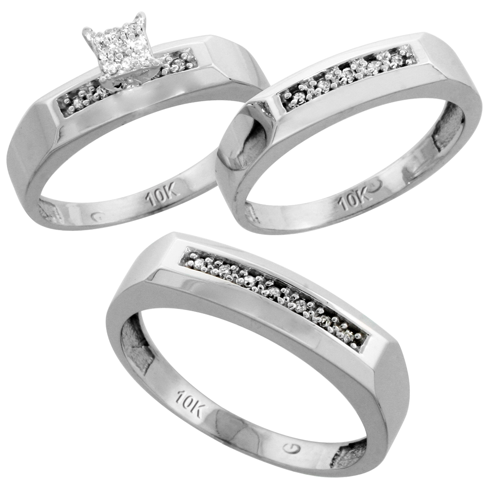 10k White Gold Diamond Trio Engagement Wedding Ring Set for Him and Her 3-piece 5 mm &amp; 4.5 mm, 0.14 cttw Brilliant Cut, ladies sizes 5 � 10, mens sizes 8 - 14