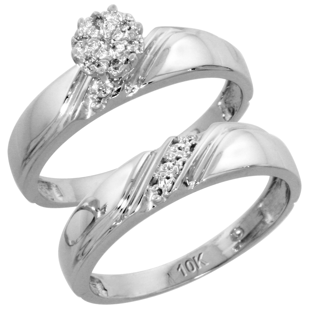 10k White Gold Diamond Engagement Rings Set for Men and Women 2-Piece 0.08 cttw Brilliant Cut, 4.5mm &amp; 6mm wide