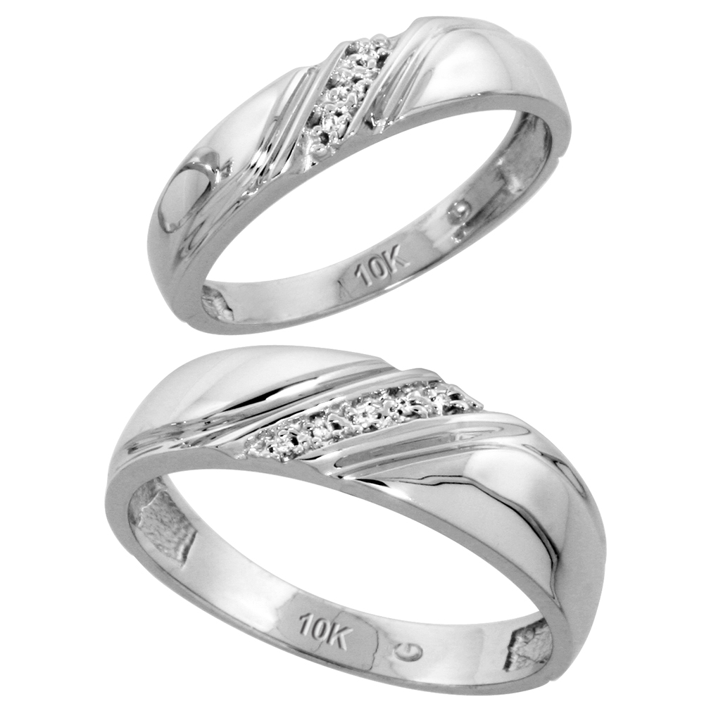 10k White Gold Diamond 2 Piece Wedding Ring Set His 6mm &amp; Hers 4.5mm, Men&#039;s Size 8 to 14