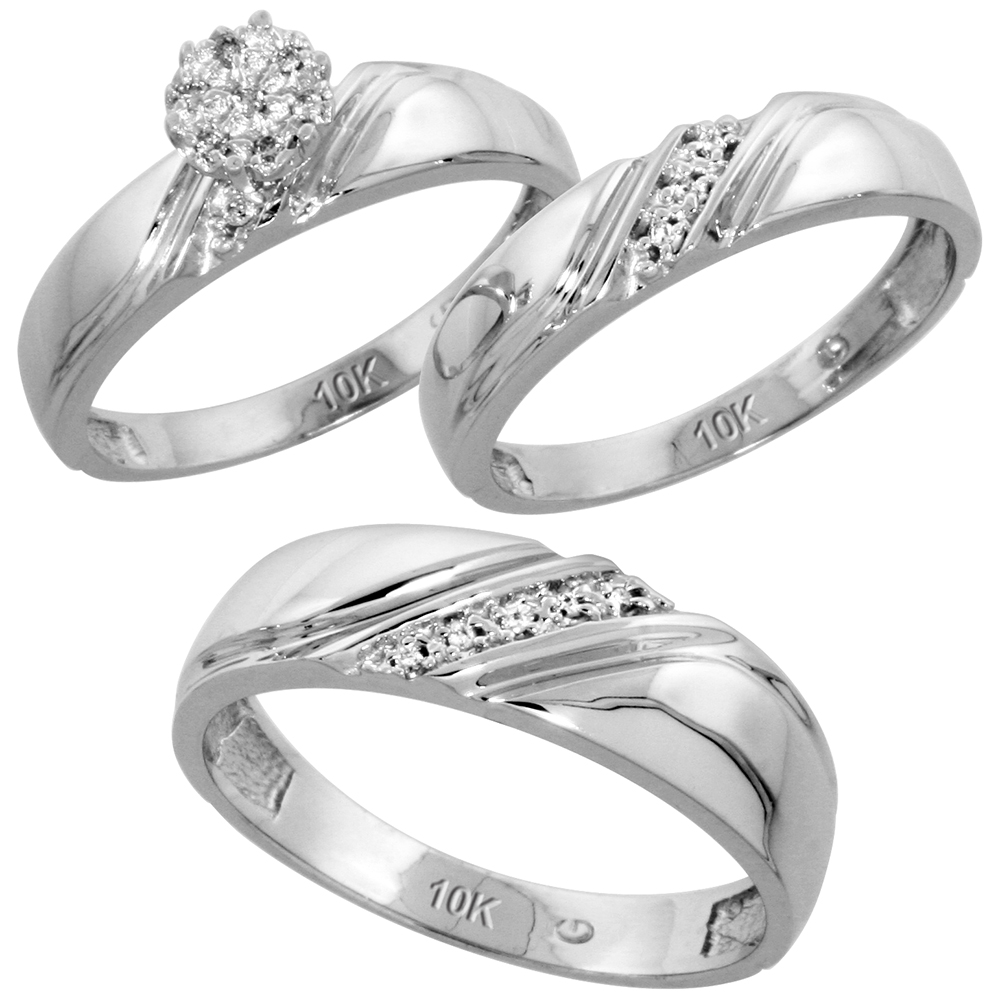 10k White Gold Diamond Trio Engagement Wedding Ring Set for Him and Her 3-piece 6 mm &amp; 4.5 mm wide 0.10 cttw Brilliant Cut, ladies sizes 5 � 10, mens sizes 8 - 14