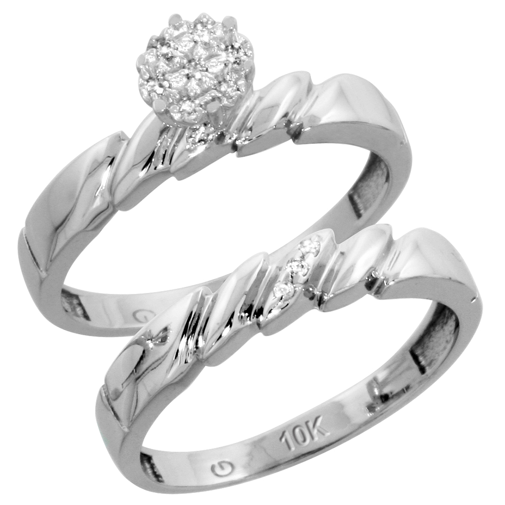 10k White Gold Diamond Trio Wedding Ring Set 3-piece His &amp; Hers 5 &amp; 4 mm 0.10 cttw, sizes 5 14