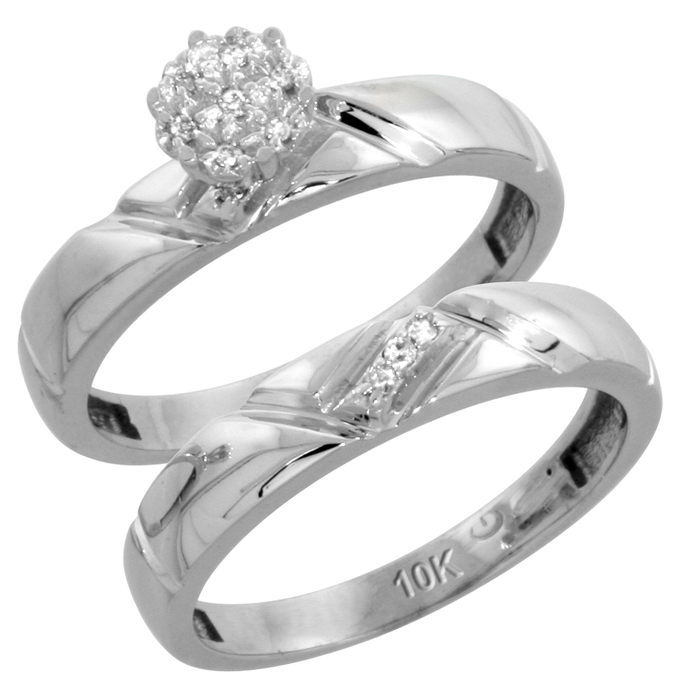10k White Gold Diamond Engagement Rings Set for Men and Women 2-Piece 0.08 cttw Brilliant Cut, 4mm &amp; 4.5mm wide