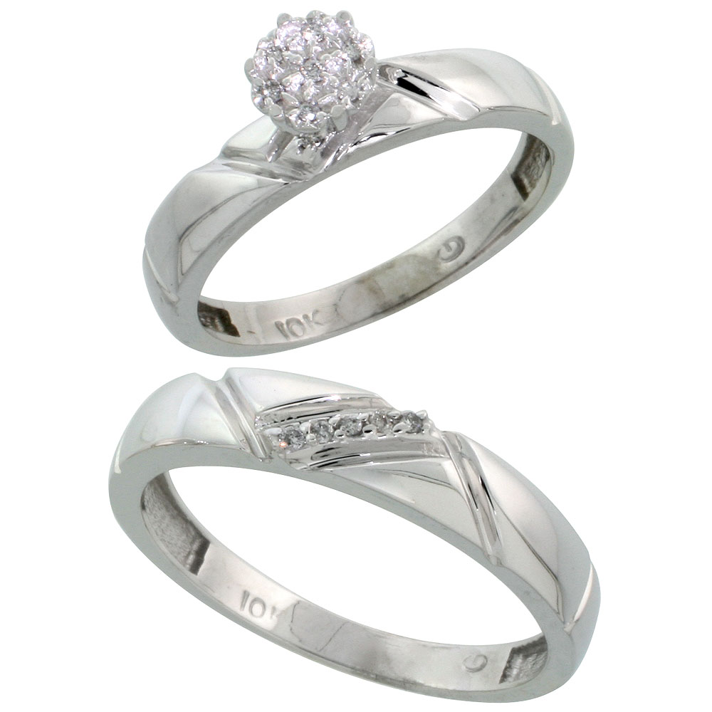 10k White Gold Diamond Engagement Rings Set for Men and Women 2-Piece 0.08 cttw Brilliant Cut, 4mm & 4.5mm wide