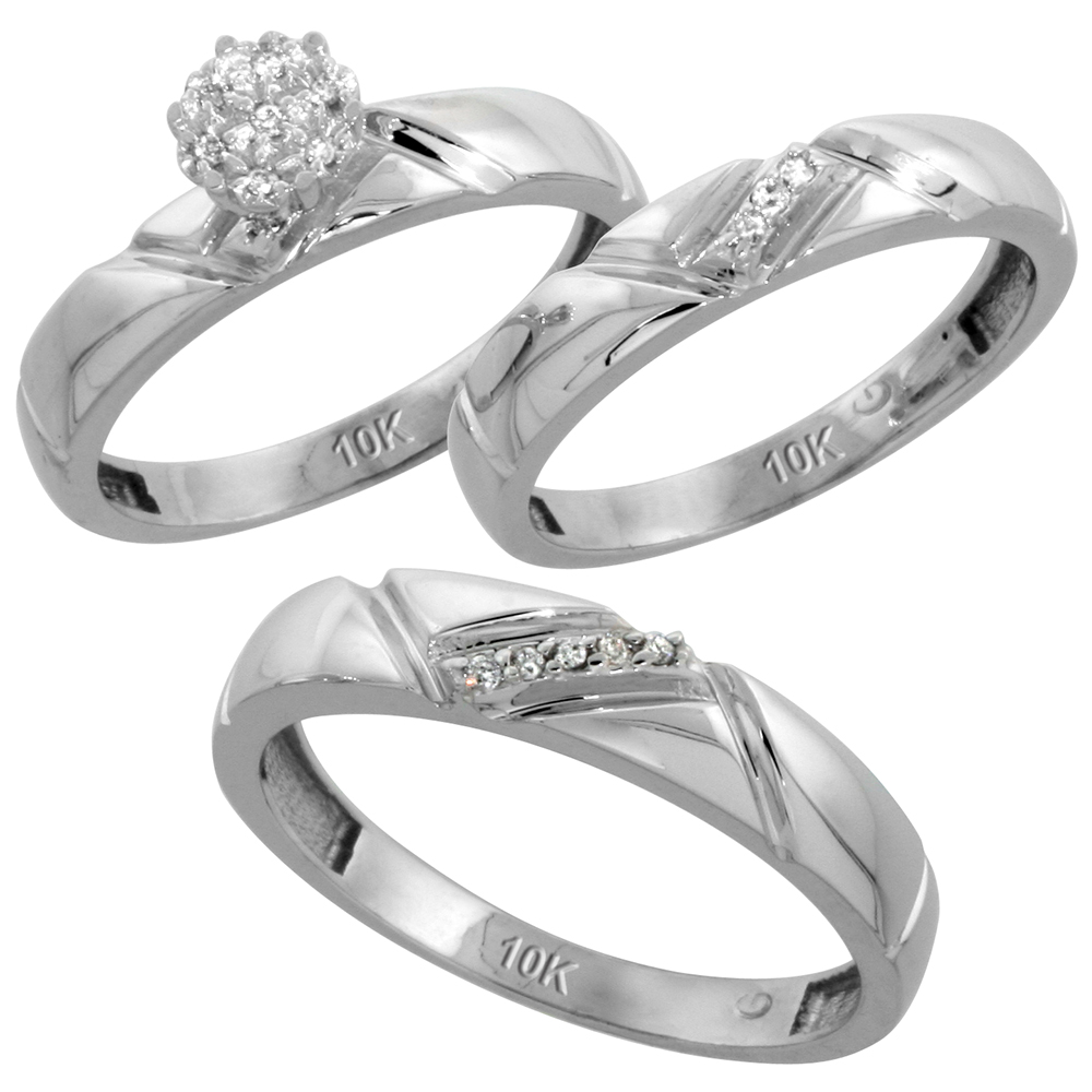 10k White Gold Diamond Trio Engagement Wedding Ring Set for Him and Her 3-piece 4.5 mm &amp; 4 mm wide 0.10 cttw Brilliant Cut, ladies sizes 5 � 10, mens sizes 8 - 14