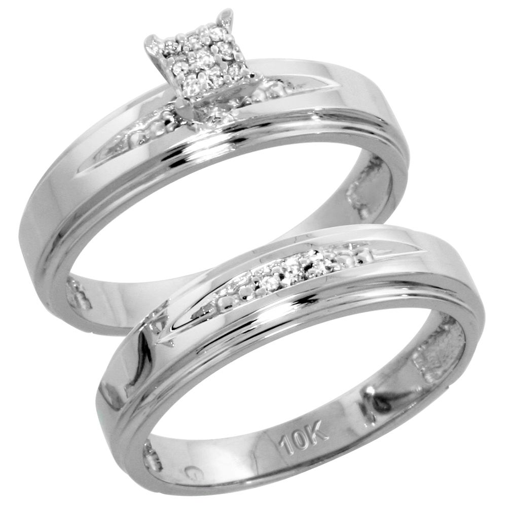 10k White Gold Diamond Trio Wedding Ring Set 3-piece His &amp; Hers 6 &amp; 5 mm 0.11 cttw, sizes 5 14
