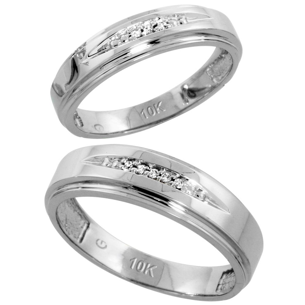 10k White Gold Diamond 2 Piece Wedding Ring Set His 6mm &amp; Hers 5mm, Men&#039;s Size 8 to 14