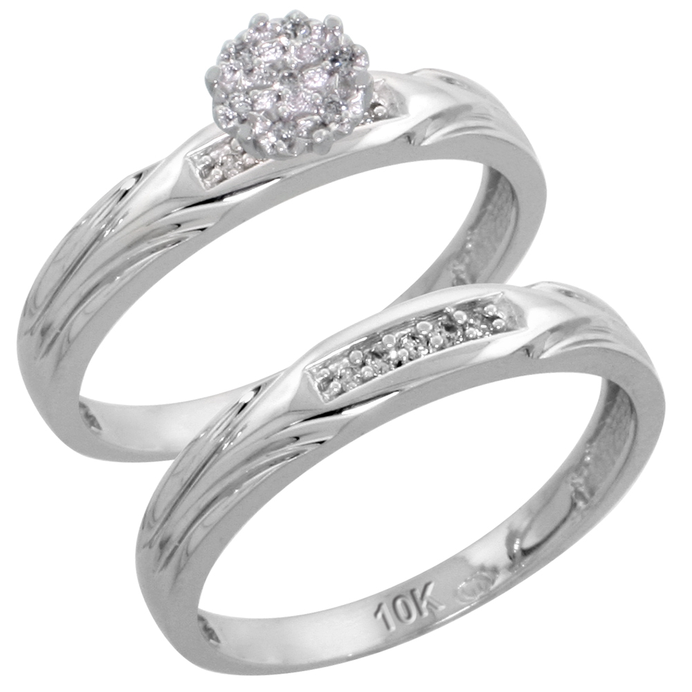 10k White Gold Diamond Trio Wedding Ring Set 3-piece His &amp; Hers 4.5 &amp; 3.5 mm 0.13 cttw, sizes 5 14
