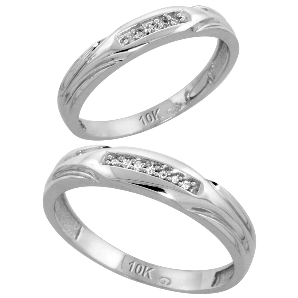 10k White Gold Diamond 2 Piece Wedding Ring Set His 4.5mm &amp; Hers 3.5mm, Men&#039;s Size 8 to 14