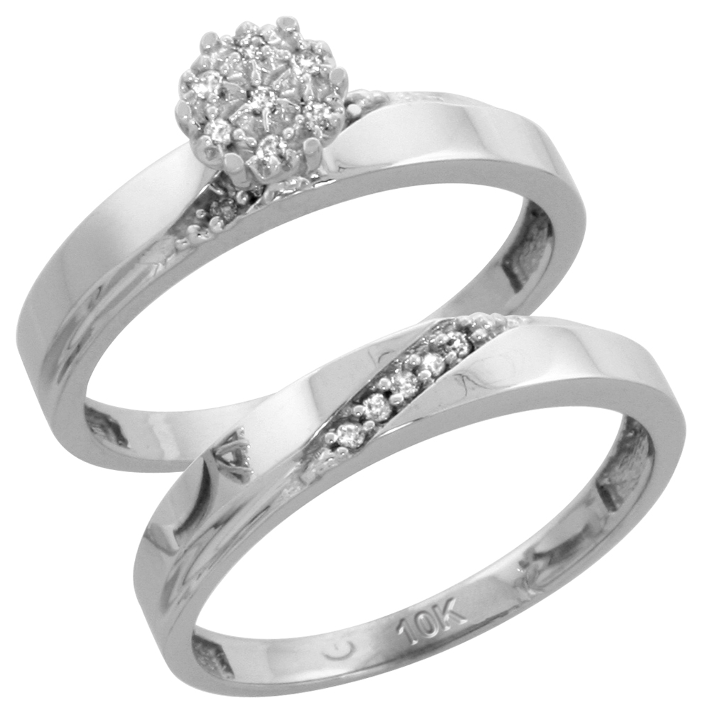 10k White Gold Diamond Engagement Rings Set for Men and Women 2-Piece 0.10 cttw Brilliant Cut, 3.5mm & 4.5mm wide