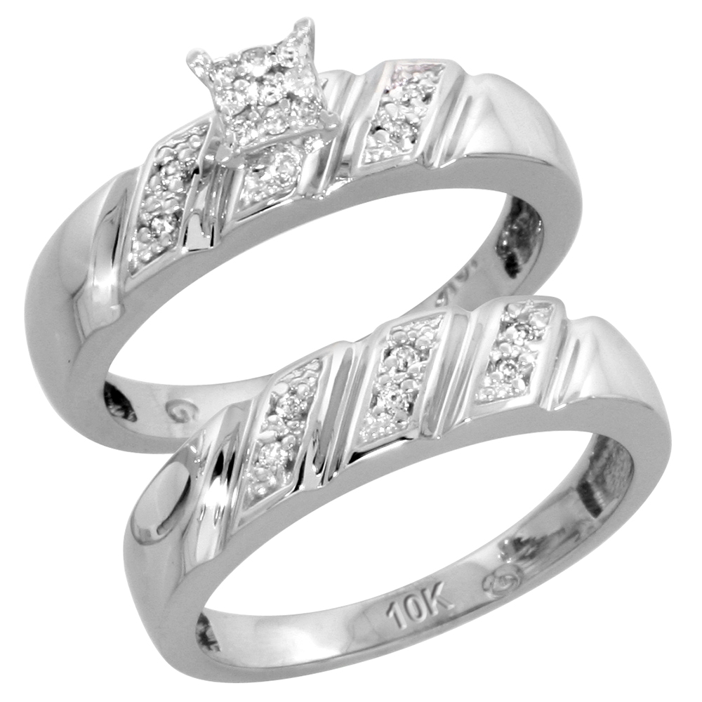 10k White Gold Diamond Trio Wedding Ring Set 3-piece His &amp; Hers 6 &amp; 5 mm 0.15 cttw, sizes 5 14
