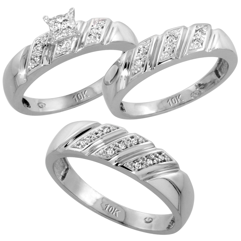10k White Gold Trio Engagement Wedding Ring Set for Him and Her 3-piece 6 mm &amp; 5 mm wide 0.15 cttw Brilliant Cut, ladies sizes 5 � 10, mens sizes 8 - 14