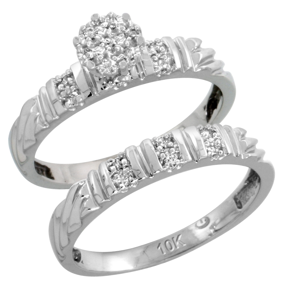 10k White Gold Diamond Trio Wedding Ring Set 3-piece His &amp; Hers 5 &amp; 3.5 mm 0.14 cttw, sizes 5 14