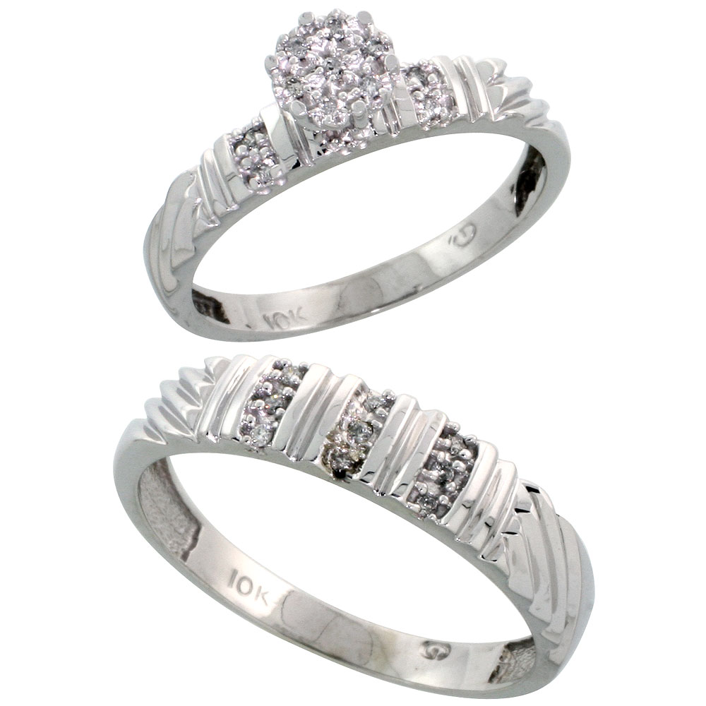 10k White Gold Diamond Engagement Rings Set for Men and Women 2-Piece 0.11 cttw Brilliant Cut, 3.5mm & 5mm wide