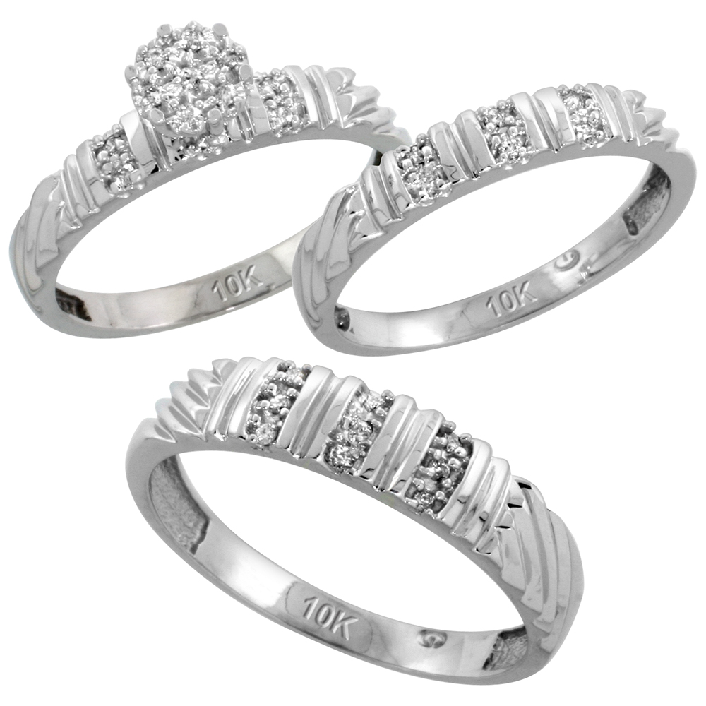 10k White Gold Diamond Trio Engagement Wedding Ring Set for Him and Her 3-piece 5 mm &amp; 3.5 mm wide 0.14 cttw Brilliant Cut, ladies sizes 5 � 10, mens sizes 8 - 14