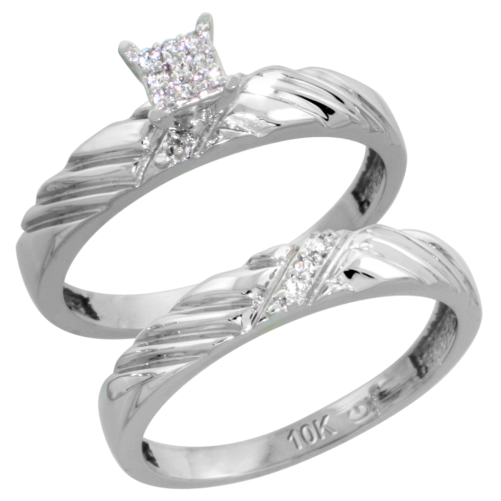 10k White Gold Diamond Trio Wedding Ring Set 3-piece His &amp; Hers 5 &amp; 3.5 mm 0.11 cttw, sizes 5 14