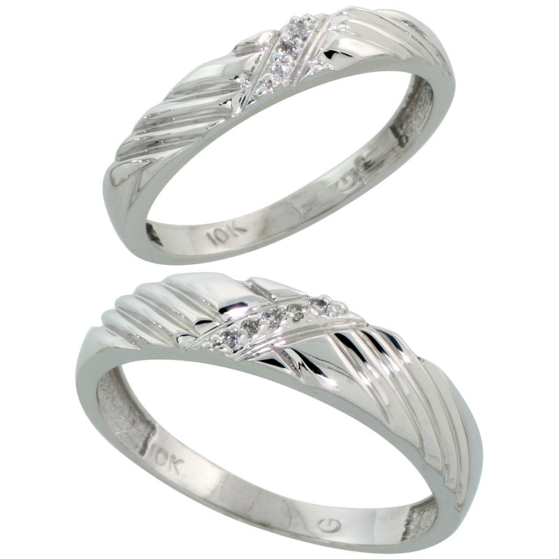 10k White Gold Diamond Wedding Rings Set for him 5 mm and her 3.5 mm 2-Piece 0.05 cttw Brilliant Cut, ladies sizes 5 � 10, mens 