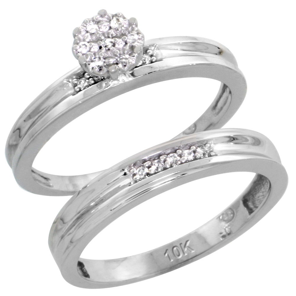 10k White Gold Diamond Trio Wedding Ring Set 3-piece His &amp; Hers 4 &amp; 3.5 mm 0.13 cttw, sizes 5 14