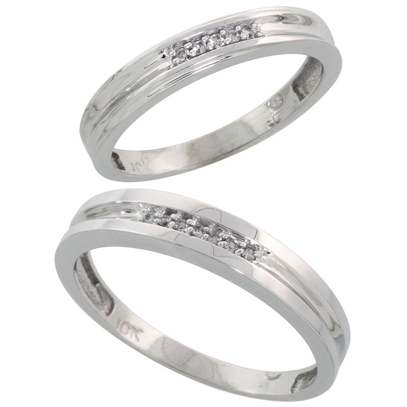 10k White Gold Diamond Wedding Rings Set for him 4 mm and her 3.5 mm 2-Piece 0.07 cttw Brilliant Cut, ladies sizes 5 � 10, mens 