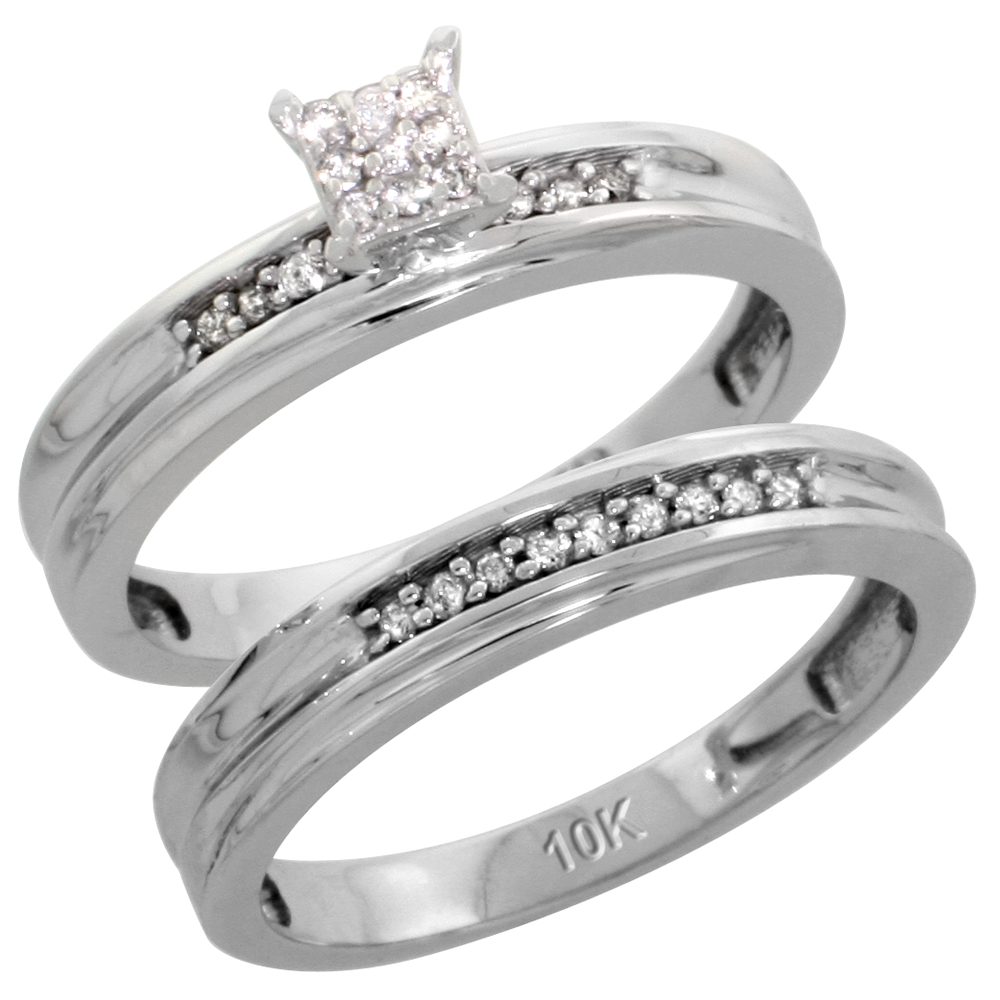 10k White Gold Diamond Trio Wedding Ring Set 3-piece His &amp; Hers 5 &amp; 3.5 mm 0.13 cttw, sizes 5 14