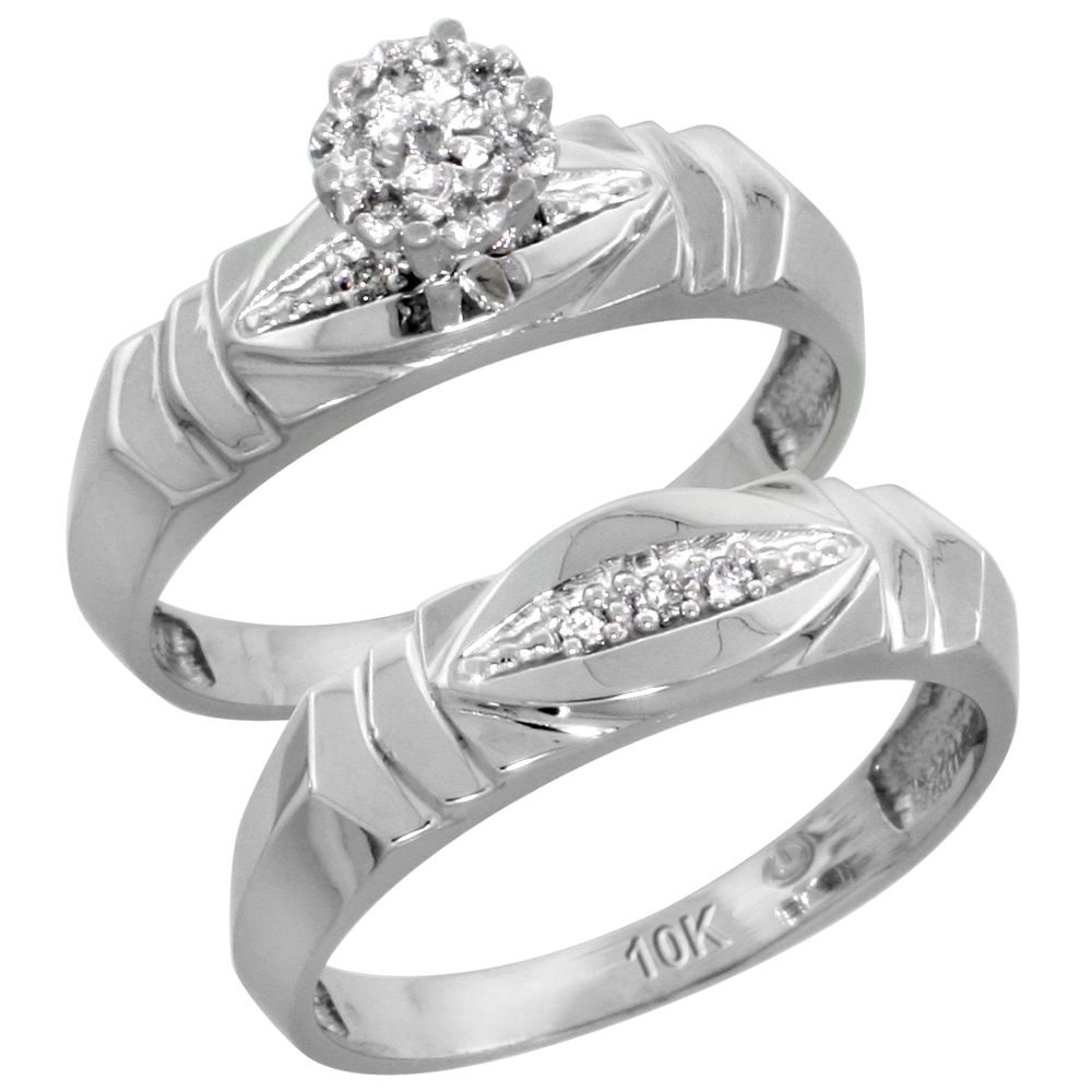 10k White Gold Diamond Engagement Rings Set for Men and Women 2-Piece 0.07 cttw Brilliant Cut, 5mm &amp; 6mm wide