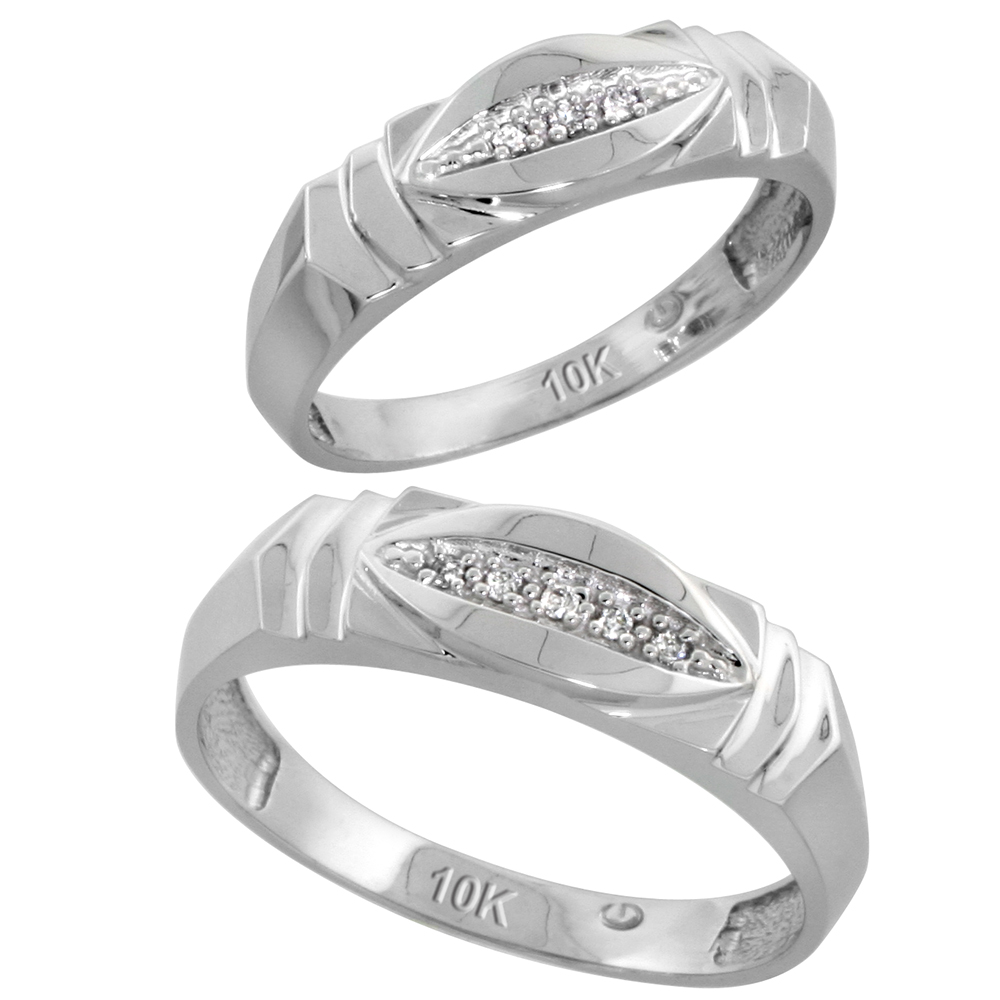 10k White Gold Diamond Wedding Rings Set for him 6 mm and her 5 mm 2-Piece 0.05 cttw Brilliant Cut, ladies sizes 5 � 10, mens sizes 8 - 14