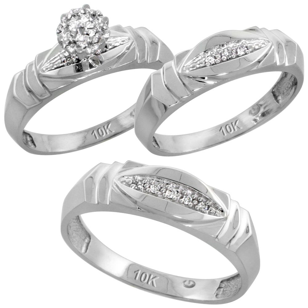 10k White Gold Trio Engagement Wedding Ring Set for Him and Her 3-piece 6 mm & 5 mm wide 0.09 cttw Brilliant Cut, ladies sizes 5 � 10, mens sizes 8 - 14