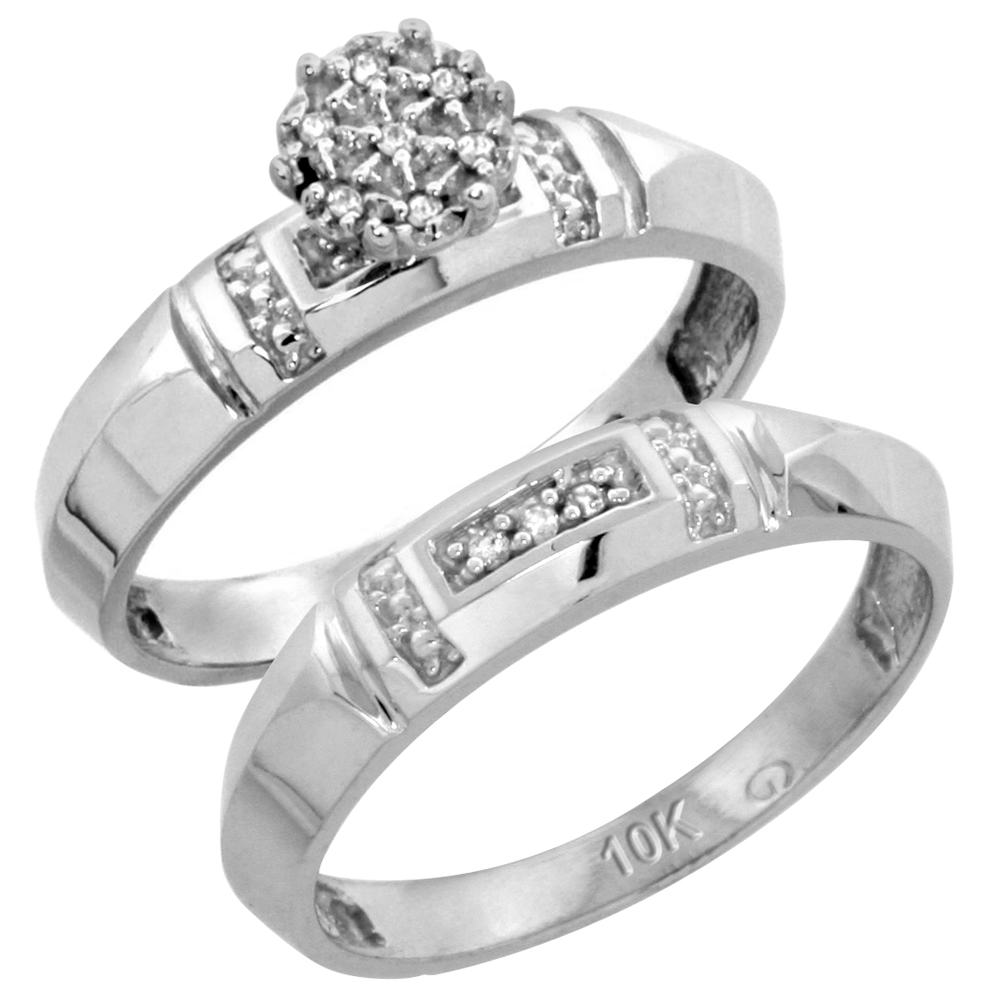 10k White Gold Diamond Trio Wedding Ring Set 3-piece His &amp; Hers 4.5 &amp; 4 mm 0.10 cttw, sizes 5 14