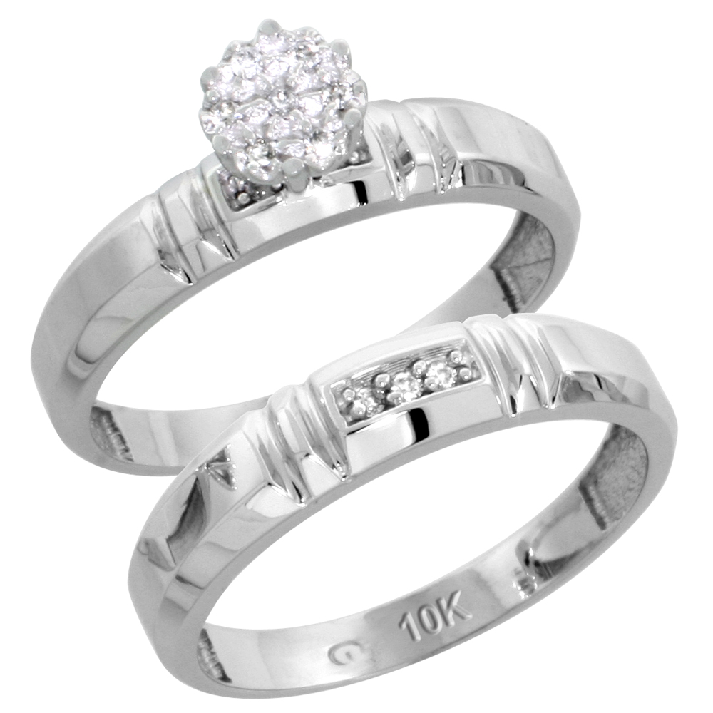 10k White Gold Diamond Engagement Rings Set for Men and Women 2-Piece 0.08 cttw Brilliant Cut, 4mm & 5.5mm wide