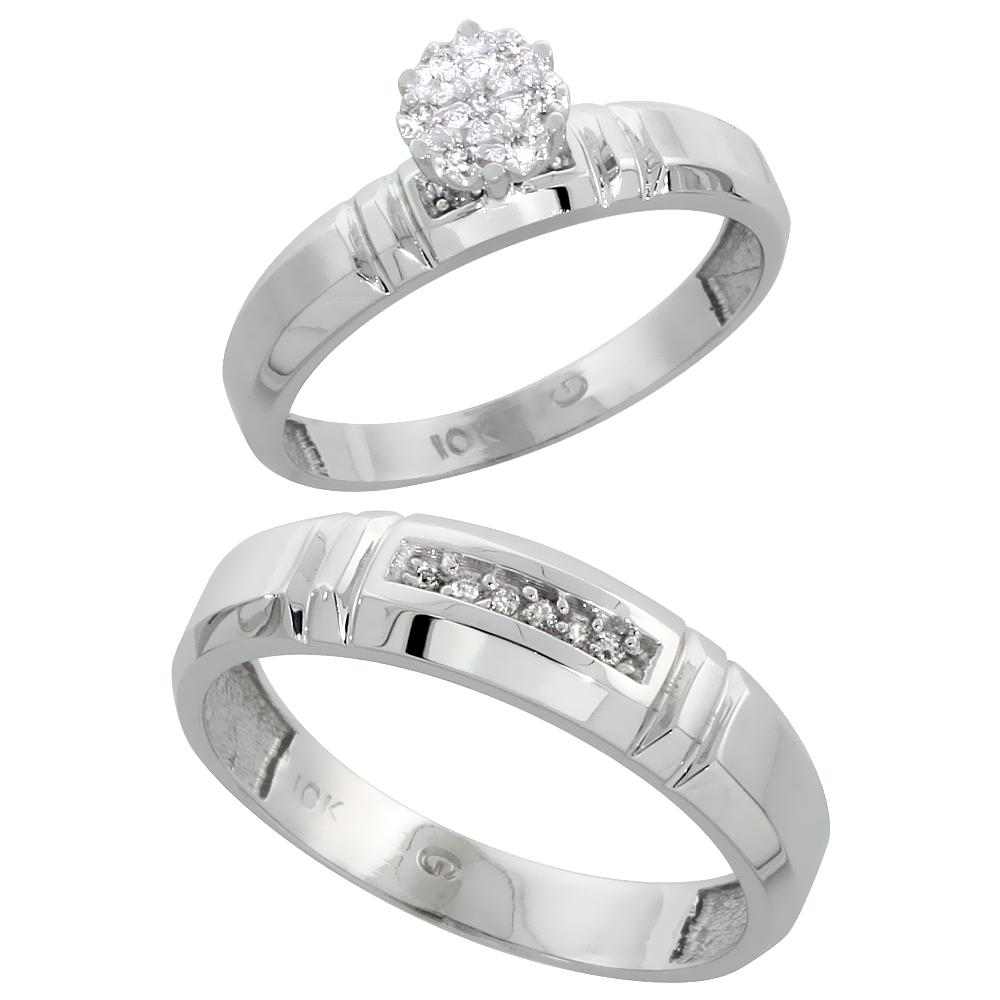 10k White Gold Diamond Engagement Rings Set for Men and Women 2-Piece 0.08 cttw Brilliant Cut, 4mm &amp; 5.5mm wide