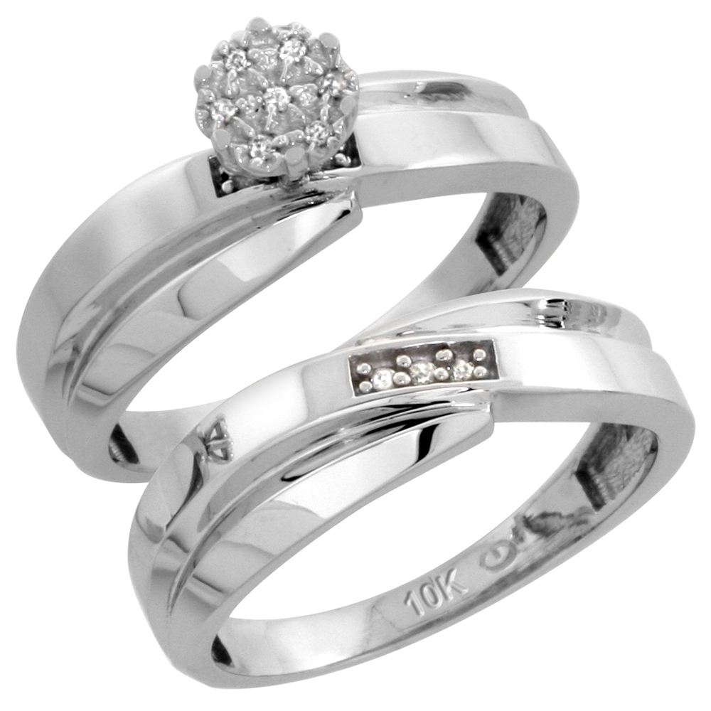 10k White Gold Diamond Engagement Rings Set for Men and Women 2-Piece 0.08 cttw Brilliant Cut, 6mm &amp; 7mm wide
