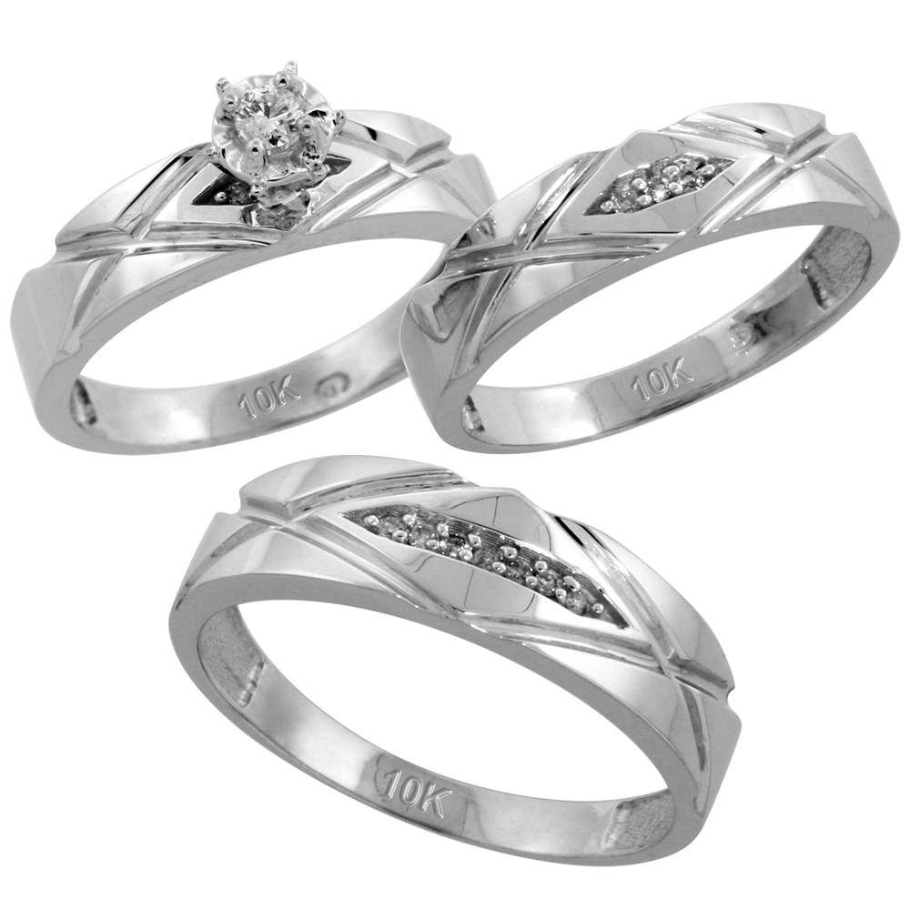Sterling Silver 3-Piece Trio His (6mm) & Hers (5mm) Diamond Wedding Band Set, w/ 0.12 Carat Brilliant Cut Diamonds; (Ladies Size 5 to10; Men's Size 8 to 14)