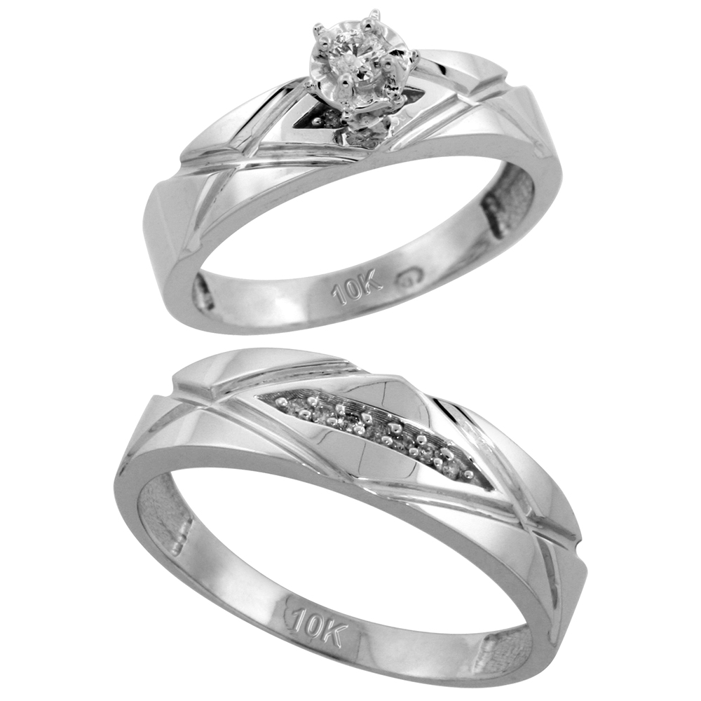 10k White Gold 2-Piece Diamond wedding Engagement Ring Set for Him and Her, 5mm &amp; 6mm wide