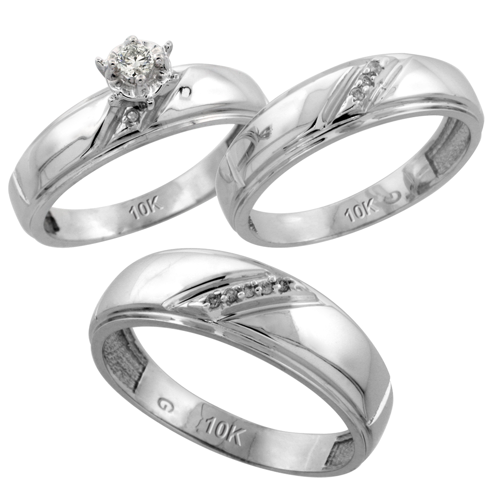 10k White Gold Diamond Trio Wedding Ring Set 3-piece His & Hers 7 & 5.5mm, Men's Size 8 to 14