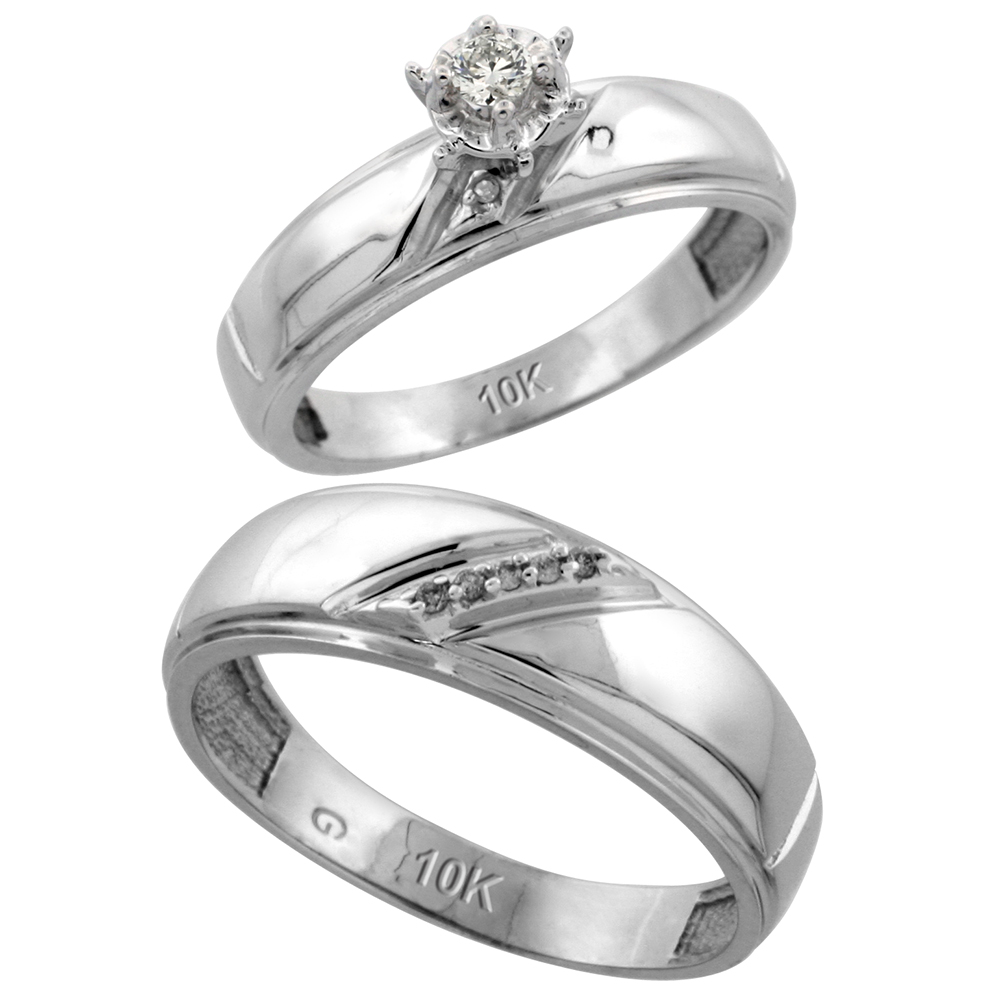 10k White Gold 2-Piece Diamond wedding Engagement Ring Set for Him and Her, 5.5mm &amp; 7mm wide