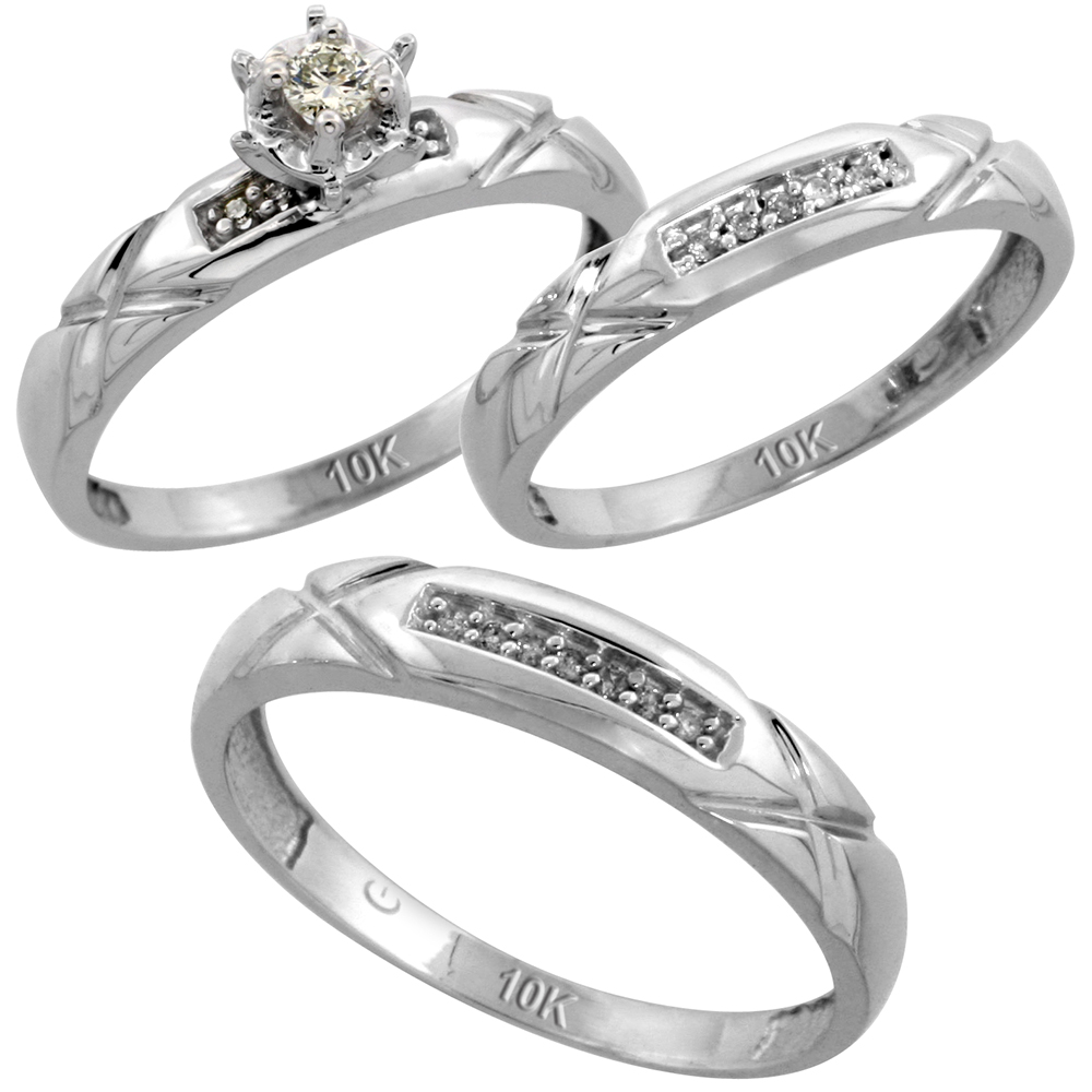 10k White Gold Diamond Trio Wedding Ring Set 3-piece His &amp; Hers 4 &amp; 3.5mm, Men&#039;s Size 8 to 14